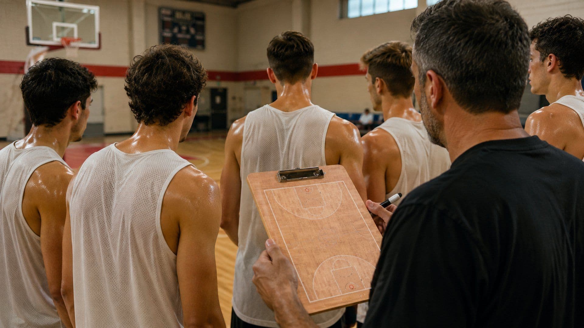 Coach holding a coaching board in front of the team during a time-out