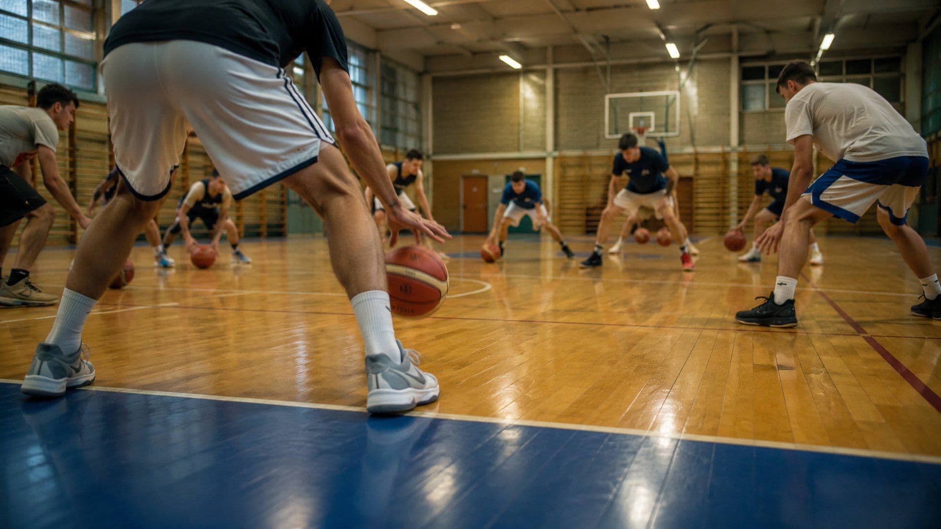 Players dribbling on the move during the warm-up of a basketball training session