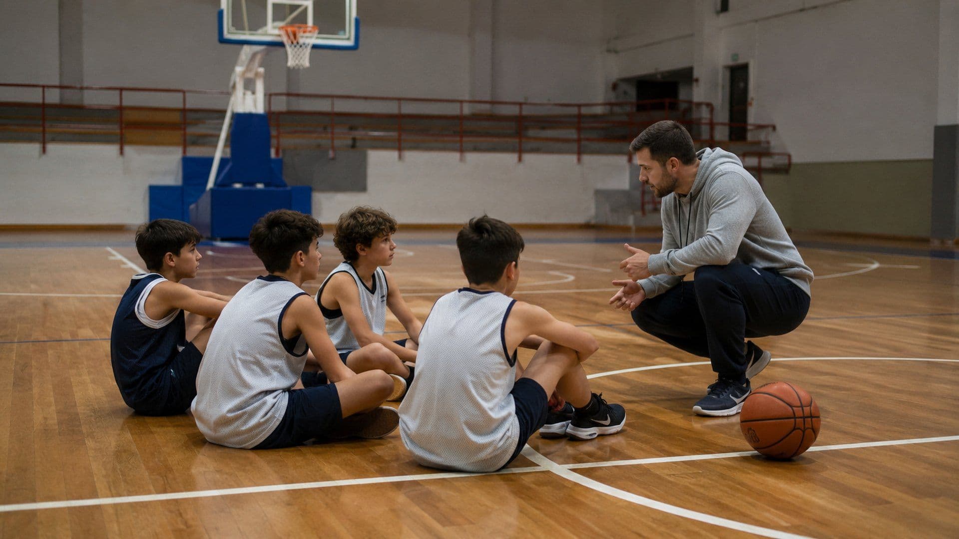 Coach crouching in front of four young players sitting on the court during a training session